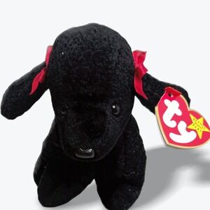 Vintage Ty Beanie Baby GiGi the Black Poodle Plush Dog Red Bows 1993 Retired Toy